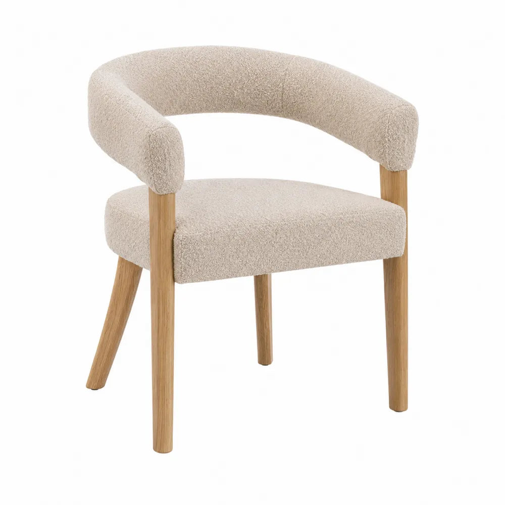 Sedia in tessuto bouclé beige con gambe in legno di rovere