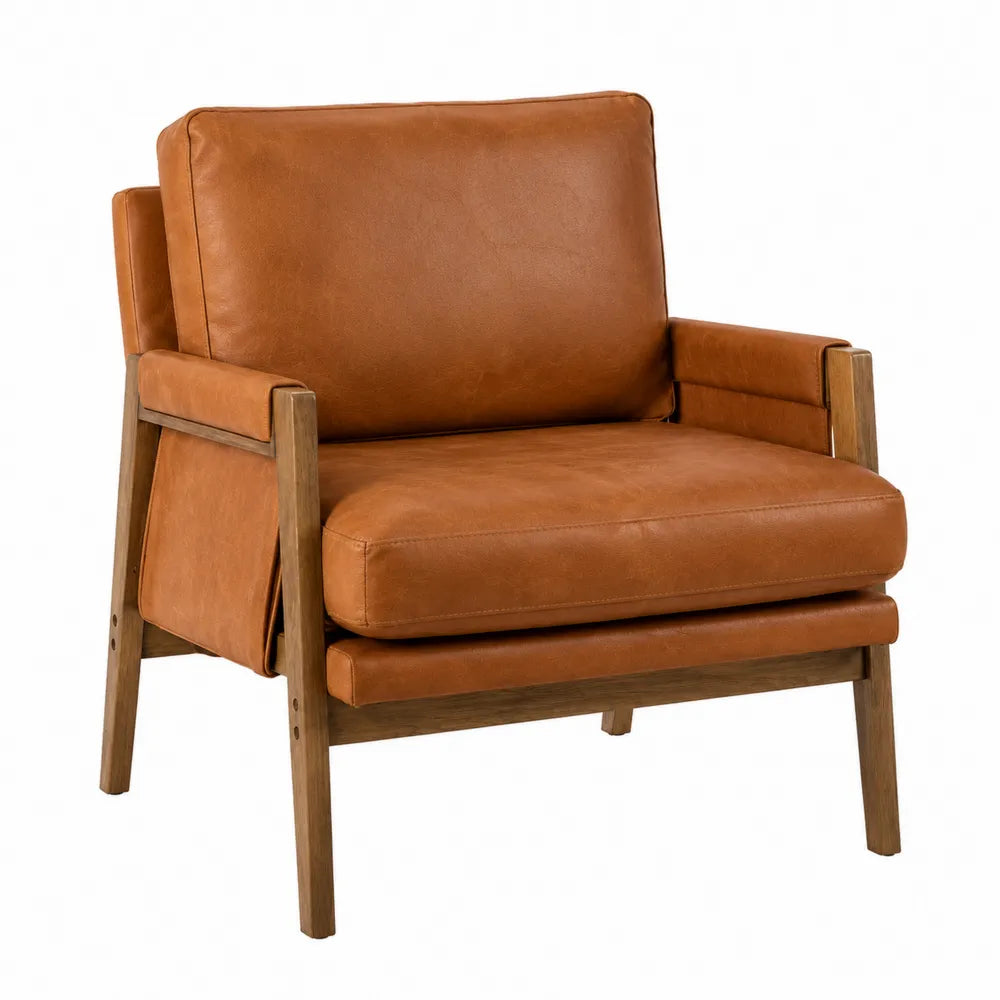 Poltrona in pelle sintetica marrone con struttura in legno