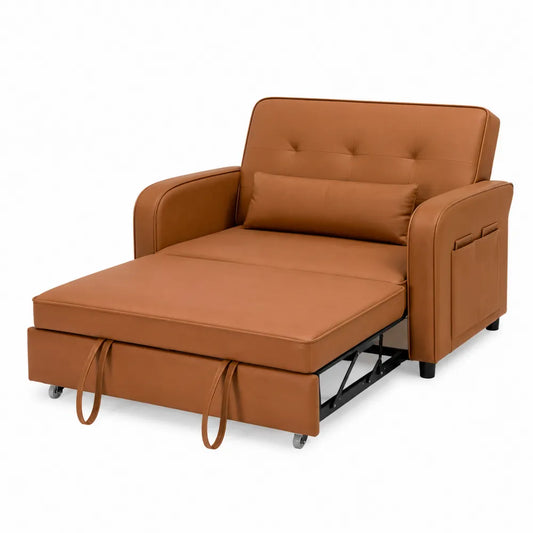Divano letto in pelle sintetica marrone con tasche laterali