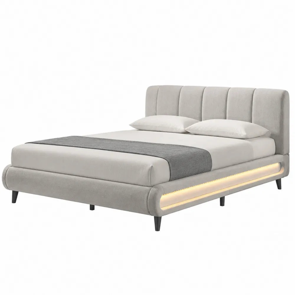 Letto matrimoniale in tessuto poliestere grigio con LED 160x200 cm