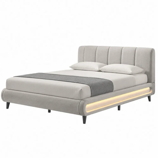 Letto matrimoniale in tessuto poliestere grigio con LED 160x200 cm
