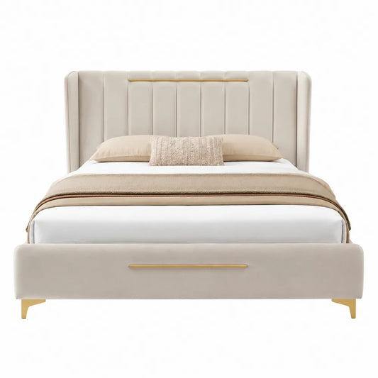 Letto matrimoniale in velluto beige con contenitore e piedini in metallo