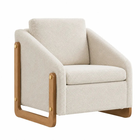 Poltrona in tessuto bouclé con struttura in legno colore crema