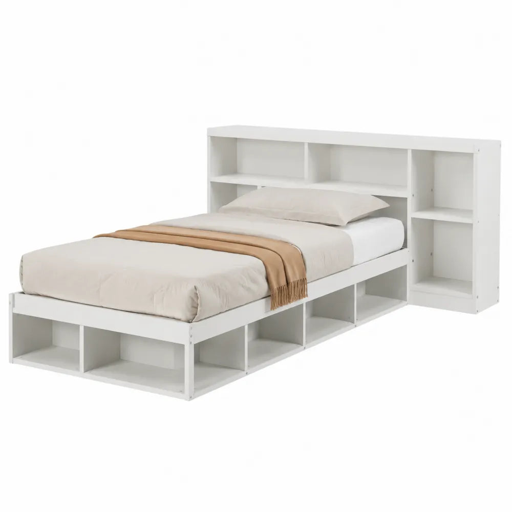 Letto singolo in legno con scaffali integrati