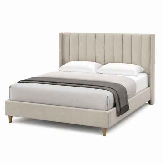 Letto matrimoniale in tessuto poliestere beige con gambe in legno di rovere