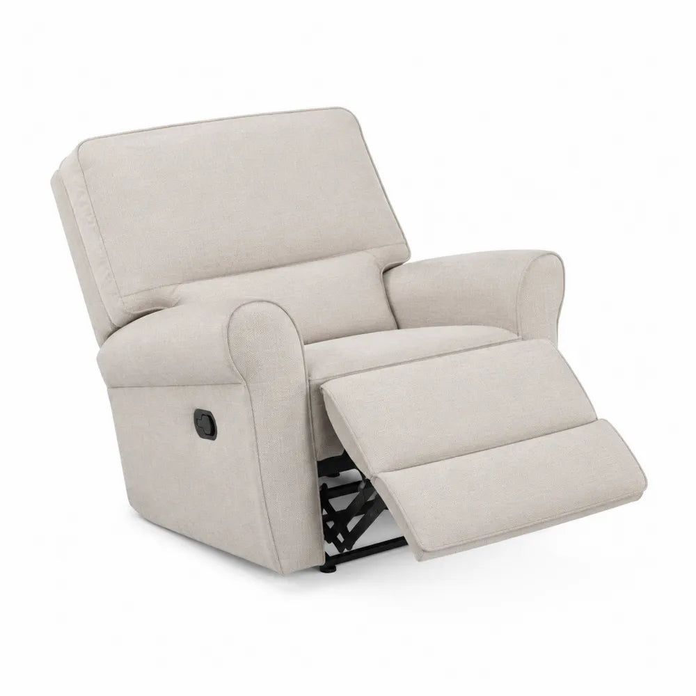Poltrona reclinabile in tessuto beige con struttura in metallo