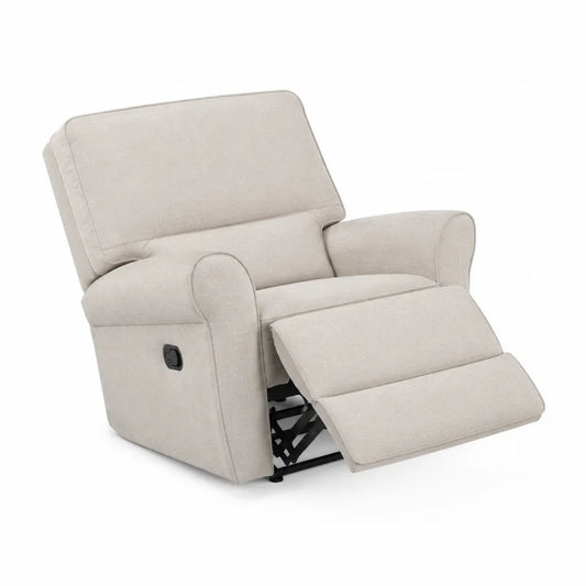 Poltrona reclinabile in tessuto beige con struttura in metallo