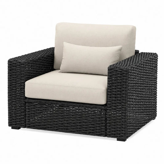 Poltrona da Esterno in Rattan con Cuscini in Poliestere Beige