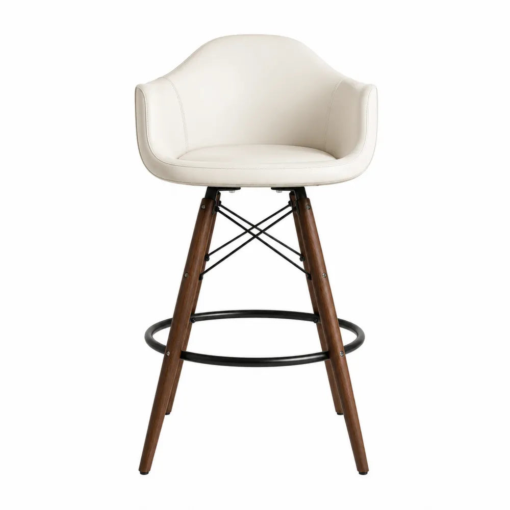 Sgabello da bar in pelle bianca con gambe in legno di faggio