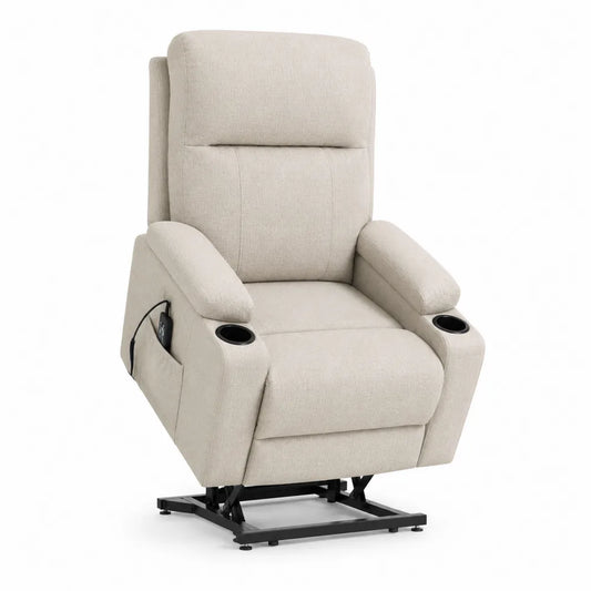 Poltrona Reclinabile Elettrica in Tessuto Beige con Portabicchieri